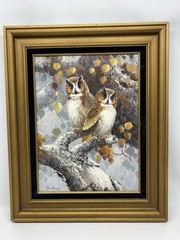 RON HARVEY BIG EYES OWLS IN A TREE ORIGINAL OIL ON CANVAS LANDSCAPE PAINTING COA