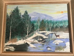 Vintage L.W Folk Art „Deer In Winter Landscape“ Oil Painting – Signed/Framed
