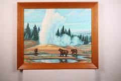 Vintage Paint by Number „Yellowstone“ Framed 90s National Park Bear Geyser