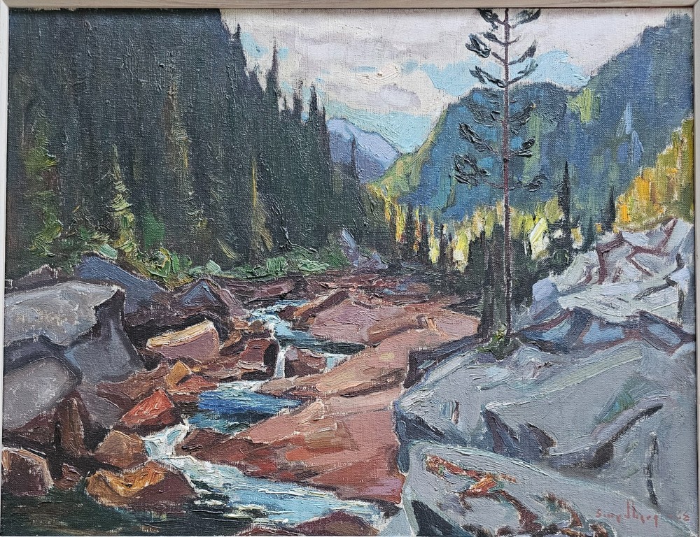 SCANDINAVIAN MODERNIST MOUNTAIN LANDSCAPE PAINTING SIGNED EFRITZ SMEDBERG 1968
