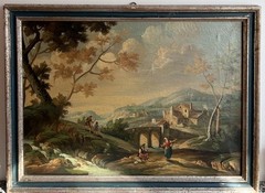 Italian 19th Century Old Master Framed Oil Painting, Shepherd Pastoral Ruins