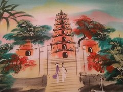 Asian Temple Painting On Fabric, Mounted And Signed 18 X 14 Inches