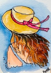 Original ACEO Watercolor Woman in Sun Hat Portrait Mini Painting Summer Artwork