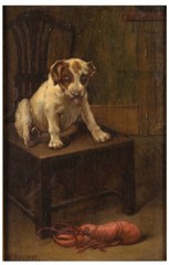 Antique WILLIAM FITZ Dog and Lobster 1895 Oil Painting On Wood Board Gold Frame