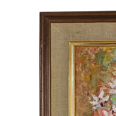 MCM Floral Painting Pink Flowers Still Life Oil on Board C. 1960 Signed Connell