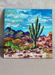 Original oil painting Arizona Cactus Saguaro artwork Landscape wall art 8*8 in