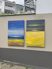 Canola Field, Seaside2 120×80 Abstract Landscape Pasty Original Oil Painting Blue Yellow