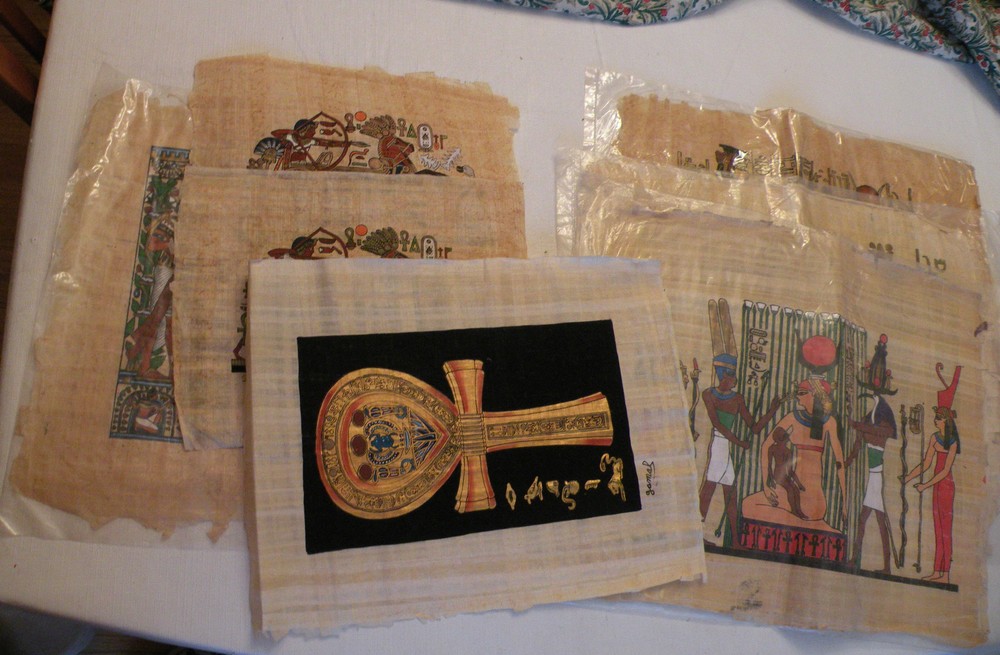 Vintage Egyptian Art on Papyrus Paper, Authentic, Signed, Seven Pieces!!