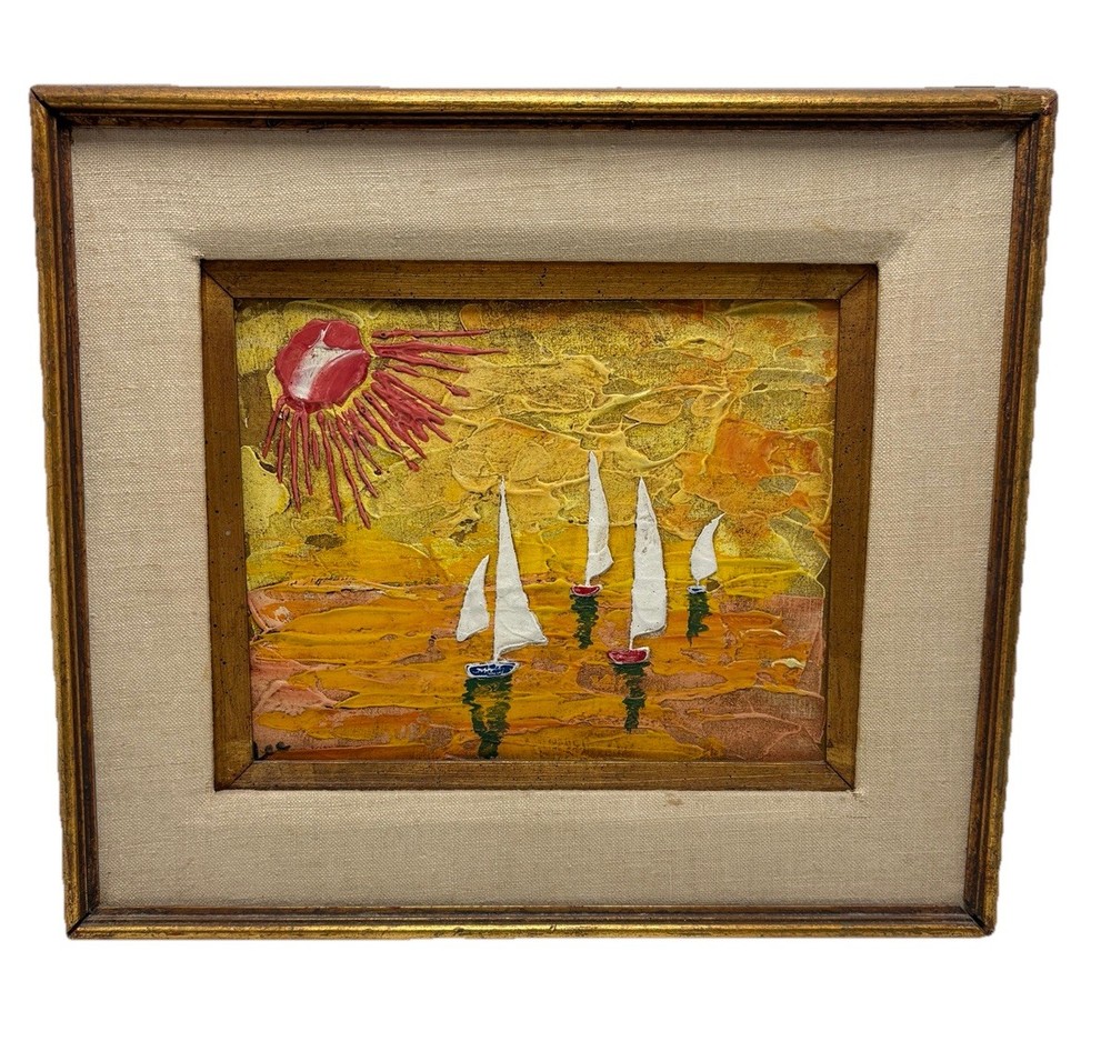 OIL PAINTING OCEAN SAILING SAILBOATS BOATS SUNSET Signed Lee 15.75 X 14.7