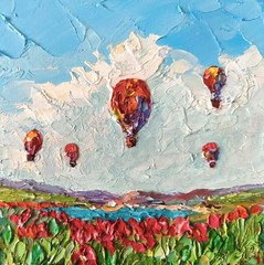 Original Oil Painting on Panel 6x6in Hot Air Colorful Balloons Impasto Artwork