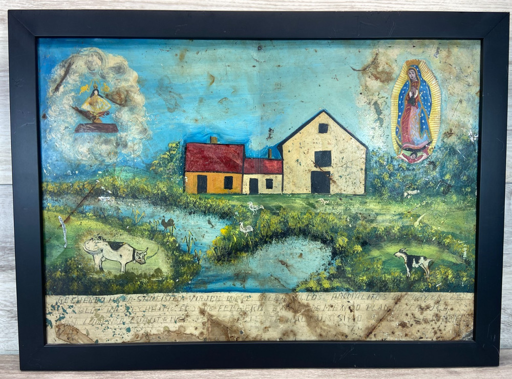 Mexican Ex Voto 1946 Farm Scene Virgin Guadalupe San Juan de los Lagos Folk Art