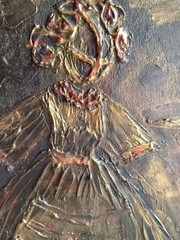 Original acrylic painting.Ukrainian motanka doll. High-texture impasto, gold