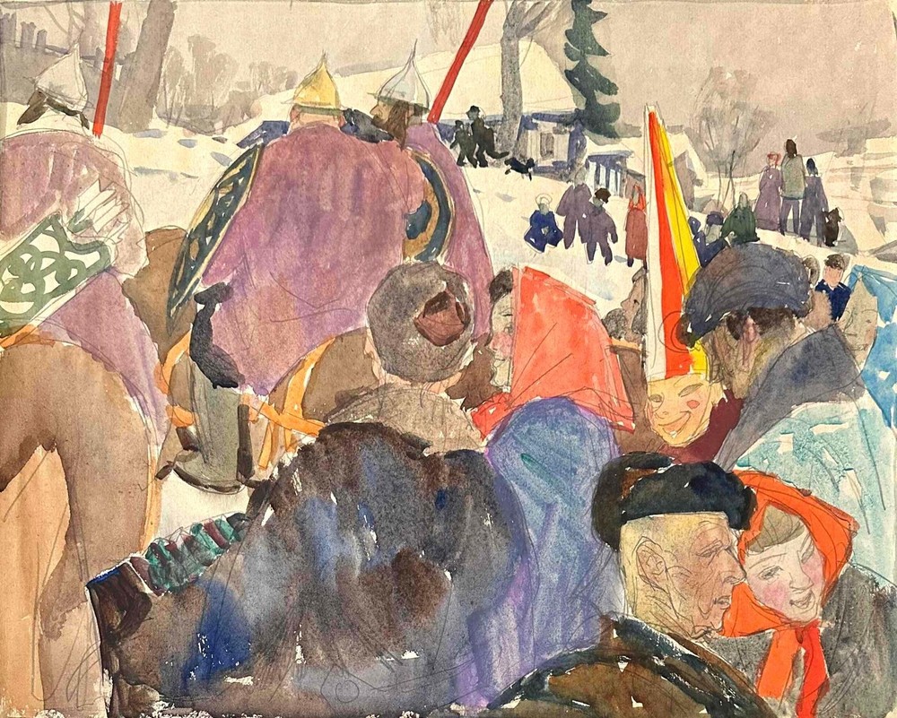 Russian Watercolor Signed, Attributed to Oleg Korovin -Winter Festival w/Figures