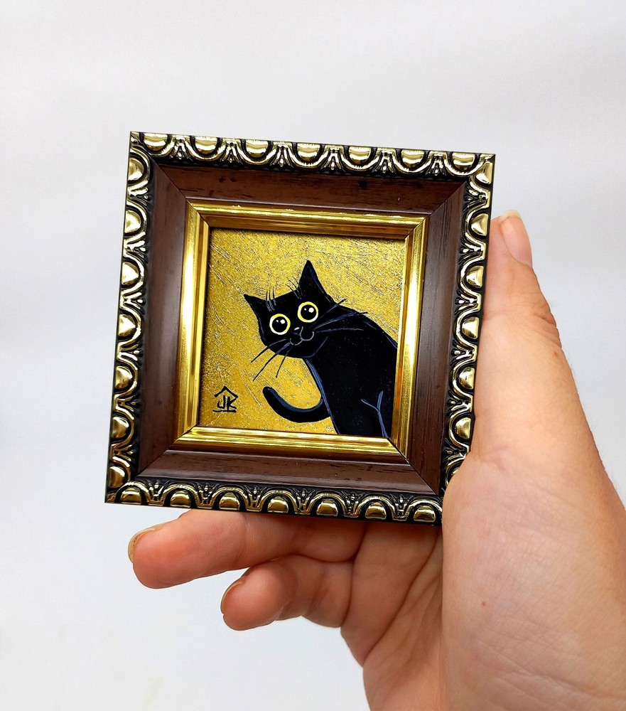 Black Cat with Gold Background Mini Oil Painting, Original Cat Art, Dopamine Art
