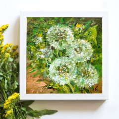 Dandelions Spring Flowers wild flowers Original oil painting small art 4x4in so