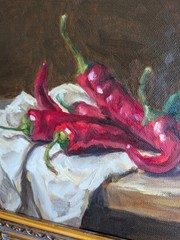 Red Hot Peppers. Still life. ORIGINAL OIL PAINTING. Vintage Framed Kitchen Art