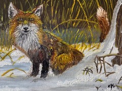 Winter Fox in snow painting on canvas board framed 12″ x 9″ Ruby Shneider