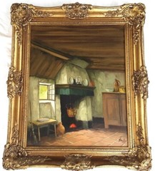 B. MULLEN (1901-1986), Classical Oil on Linen, Cottage Interior, 16″ by 20″