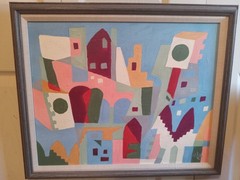 Vntge Abstract Expressionist Architectural Oil On Canvas Painting signed AVZ ’67