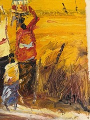 Haitian Folk Art Oil Painting on Cloth SIGNED S.Toma 12×12 Landscape Daily Life
