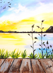 Sunset Lake Painting 12×16 Original Landscape Art Mountain View Wall Decor