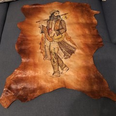 PERSIAN LAMB SKIN LEATHER PAINTING MAN HOLDING AN AX .31”x34”