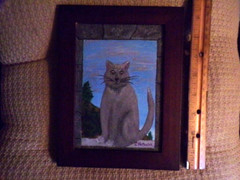 Grim Gray Cat Sitting in Stone Framed Window Original Art Acrylic with Frame