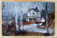 VINTAGE WATERCOLOR MIXED MEDIA PAPER SIGNED 1973 RURAL HOUSE LANDSCAPE WINTER