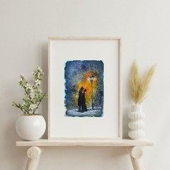 Couple in Love Painting Night Original Watercolor Art Love Small Wall Art