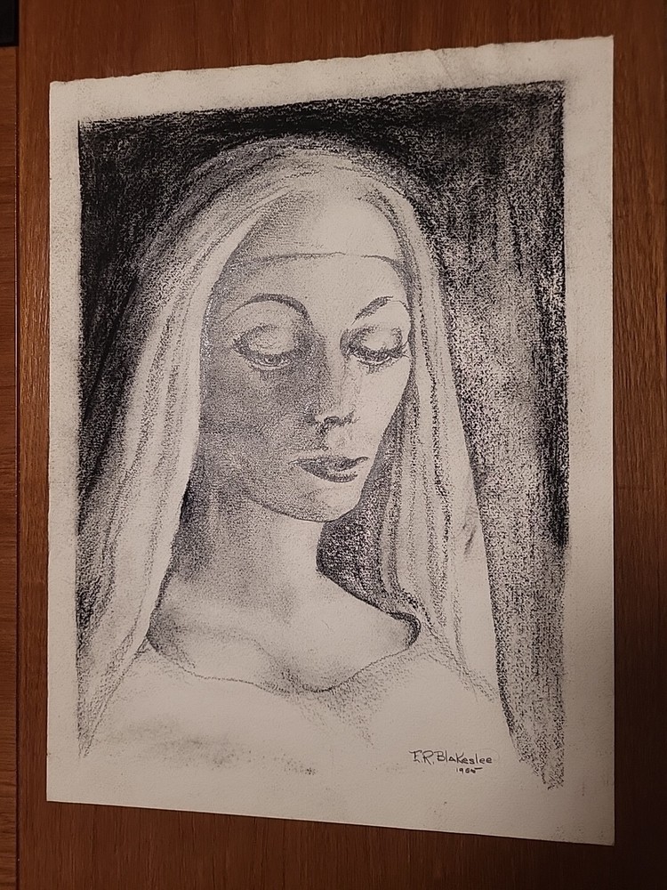 Vintage 1965 Portrait of Nun/Madonna Charcoal on Paper by E.R. Blakeslee
