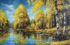 Original Oil Painting Autumn River Landscape 24×36 Large Golden Birch Trees Art