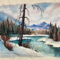 VTG Winter Landscape Watercolor Painting Signed St. Marianna. Forest River 24×18