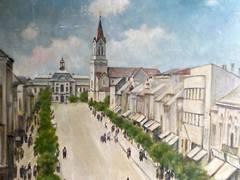 ::OIL PAINTING CITY WITH CHURCH AND THEATRE -WHO KNOWS THE PLACE? INREADABLE SIGN.