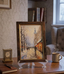 Original Oil Painting Framed 6x4in Winter Street Snowy Cityscape Signed