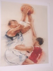 Original Vincent George Basketball Players Watercolor 13.25”W 16 3/8”T Framed