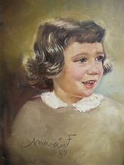 MYSTERY ARTIST, SIGNED PORTRAIT, PRETTY LITTLE GIRL, 1957 50s MODERN REALISM OIL