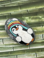 Whimsical Penguin Wearing Snow Hat, Hand Painted Rock, Winter Decor