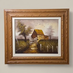 Vintage Everett Woodson Barn Landscape Original Oil Painting Large Framed Rustic