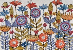 Pamela Wilhelm original 5×7 Fun Whimsical Floral Watercolor Blue Gold Orange