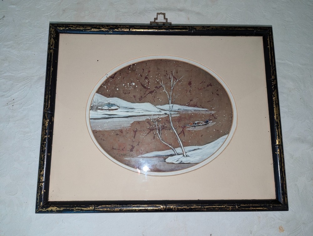 Vtg Japanese Painting Marked Z Sui 85 N.Y. w Signature Woman Child Girl in Boat