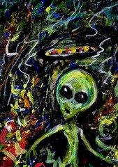 Original ACEO Painting ALIEN Spaceship Stars Fire Martian Universe UFO ATC ART