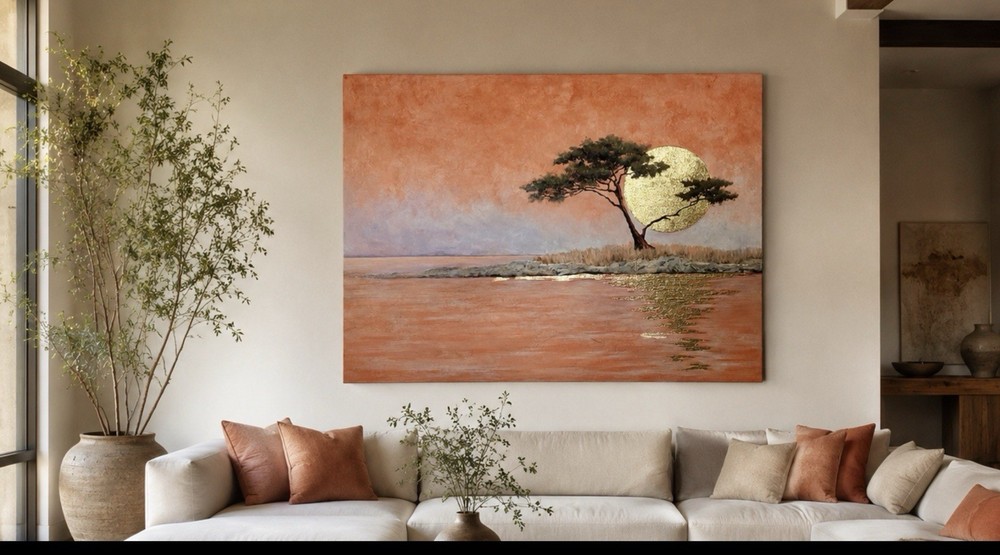 Large Original Acrylic Painting Gold Leaf Coastal Landscape Canvas Art 36×48