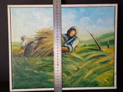 1960s Scandinavian Modern Oil Painting „Hay Harvest“ Signed.