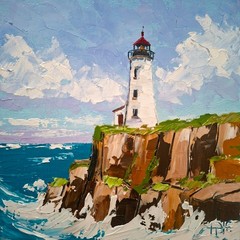 Lighthouse Impasto Original Oil Painting: 3D Textured Art, Unframed 6×6″