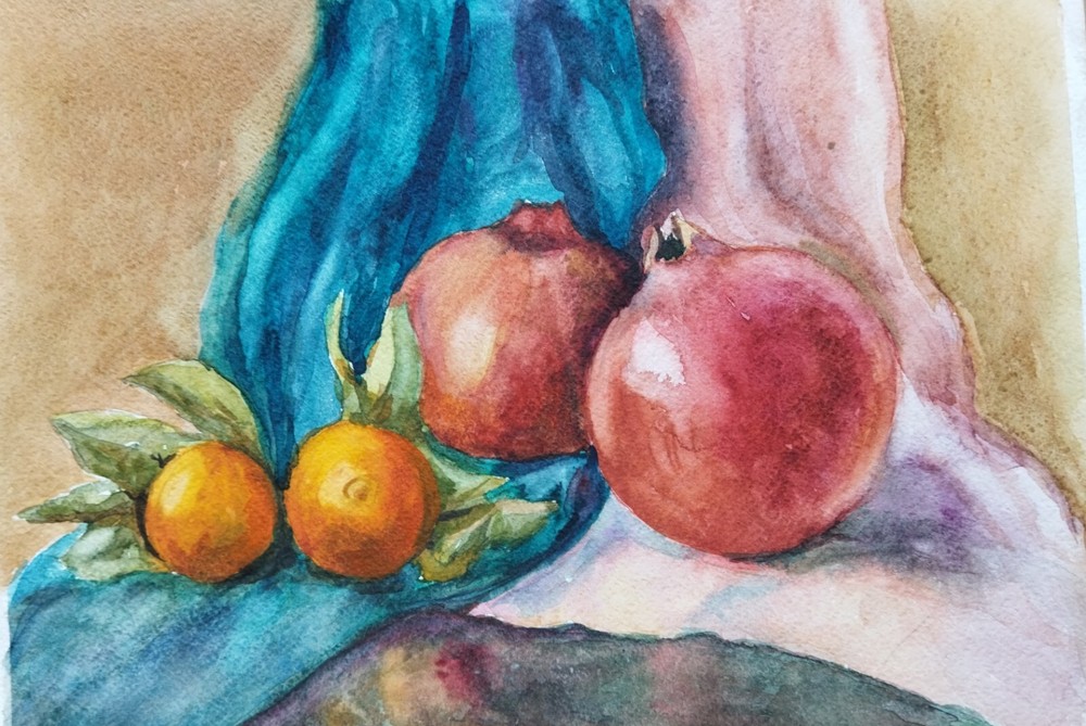 Still Life With Pomegranate Painting Watercolor Original Art Fruits Artwork