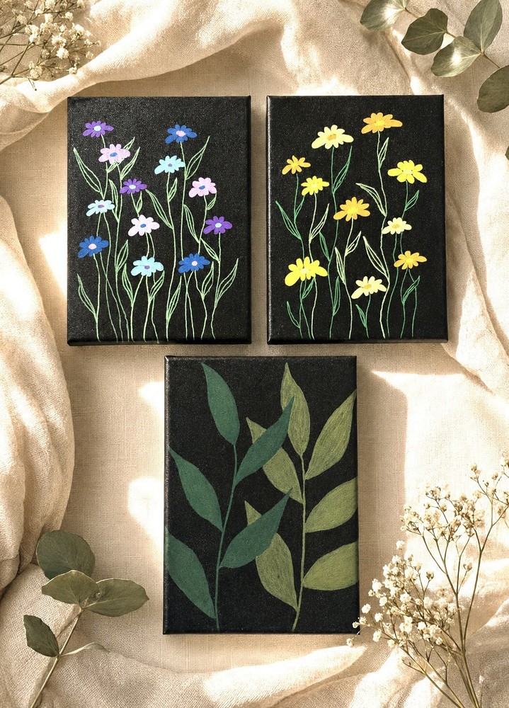 Original Botanical Canvas Painting Set Hand Painted Floral Wall Art Signed 5×7