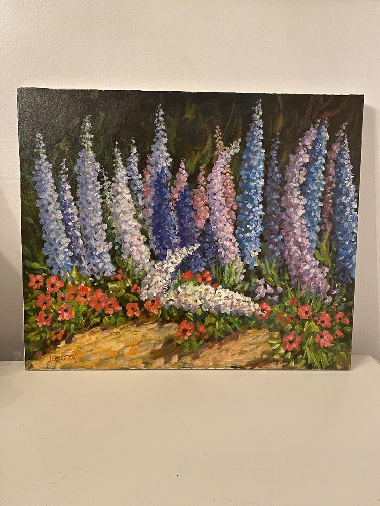 SIGNED ORIGINAL ABSTRACT OIL PAINTING FLOWERS YELLOW PINK ORANGE GREEN BLUE