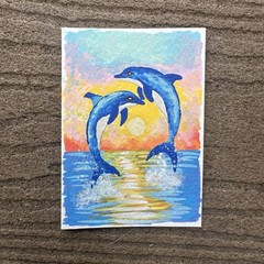 Aceo Original Dolphin Beach Sunset Acrylic Painting