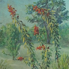 1948 Miniature Floral Landscape Oil Painting Lobelia Flowers Marsh 8×6 Goddard