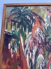 LARGE PAINTING MID CENTURY LANDSCAPE COASTAL TROPICAL PALMS MODERNIST MYSTERY